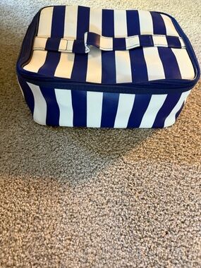 Striped Blue and White Zip Cosmetic Case with Top Handle